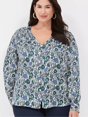 Lane Bryant Women’s Blue Floral Ruched Long Sleeve V Neck Button Blouse Sz 14/16